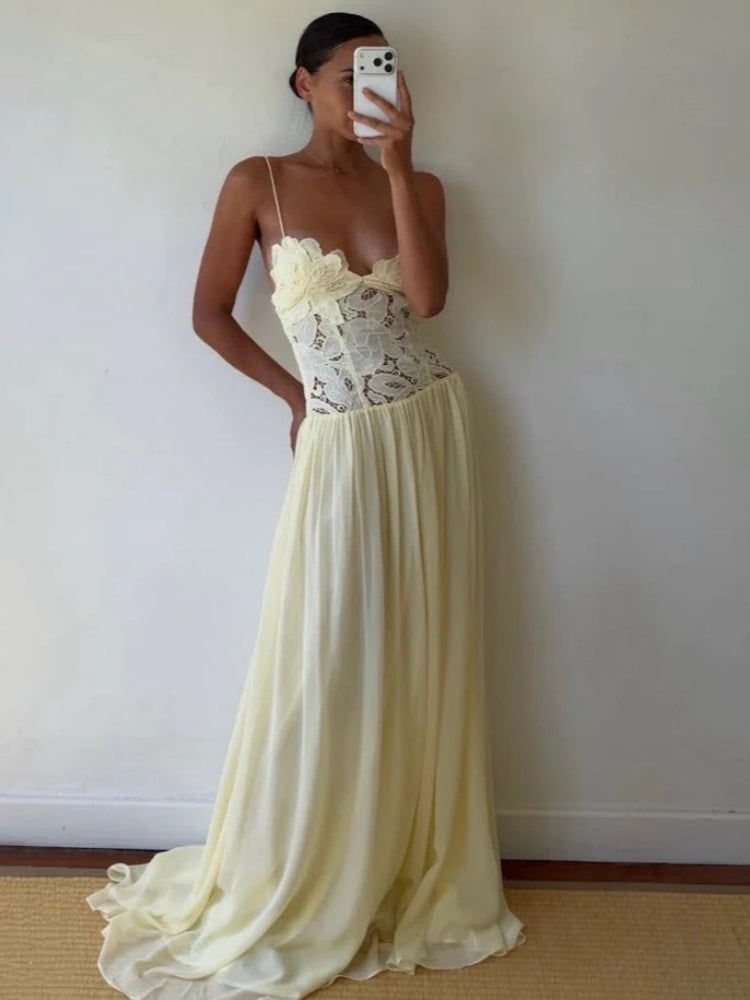 Creamy Yellow Lace Appliqu�� Chiffon Maxi Dress