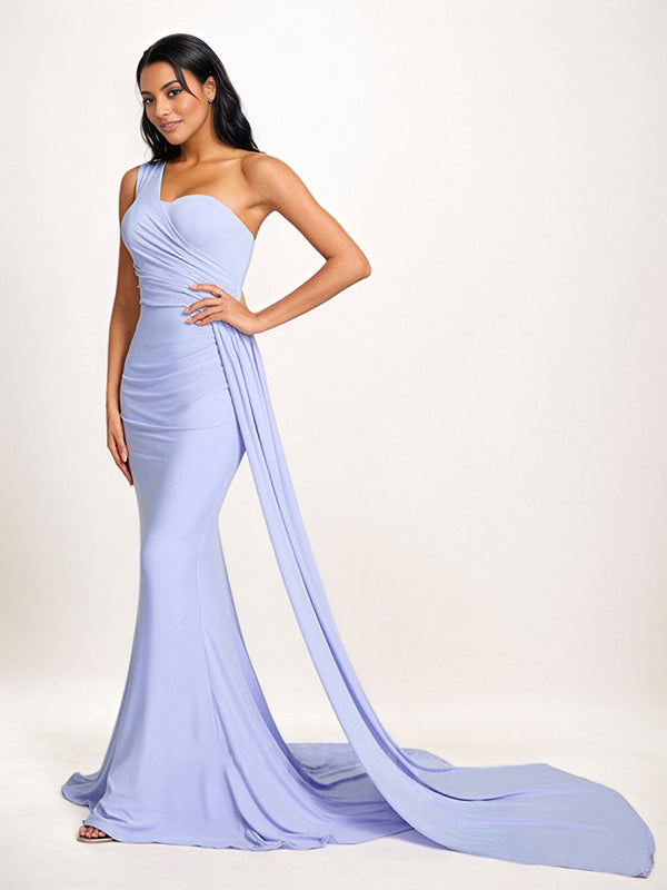 Lavender Sheath/Column One Shoulder Floor Length Sleeveless Chiffon Bridesmaid Dress