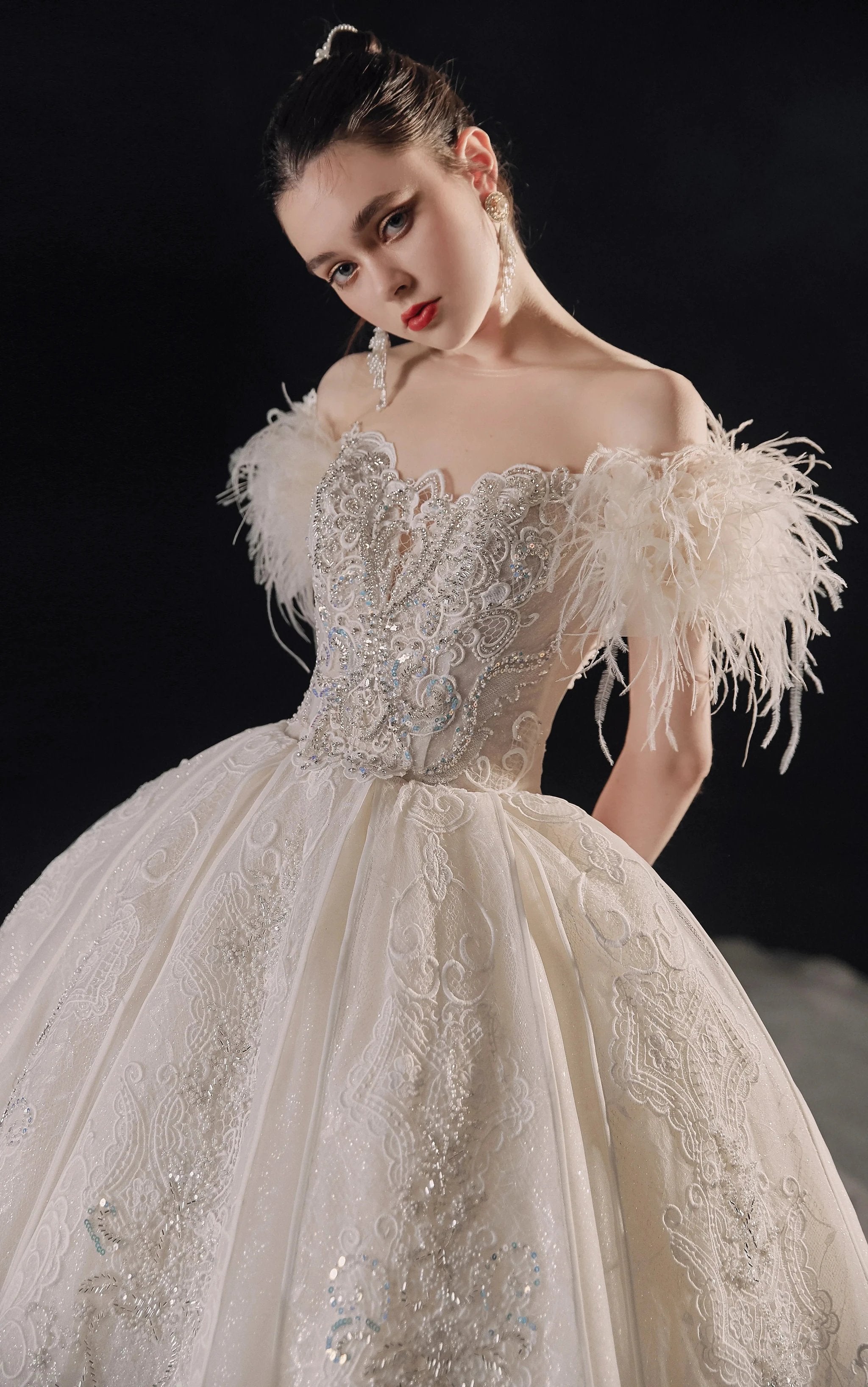 Luxurious Off-the-Shoulder Ball Gown Sweetheart Neckline Feather Trim Beaded Lace Wedding Dress with Glitter Train E-306 (ZD16884)