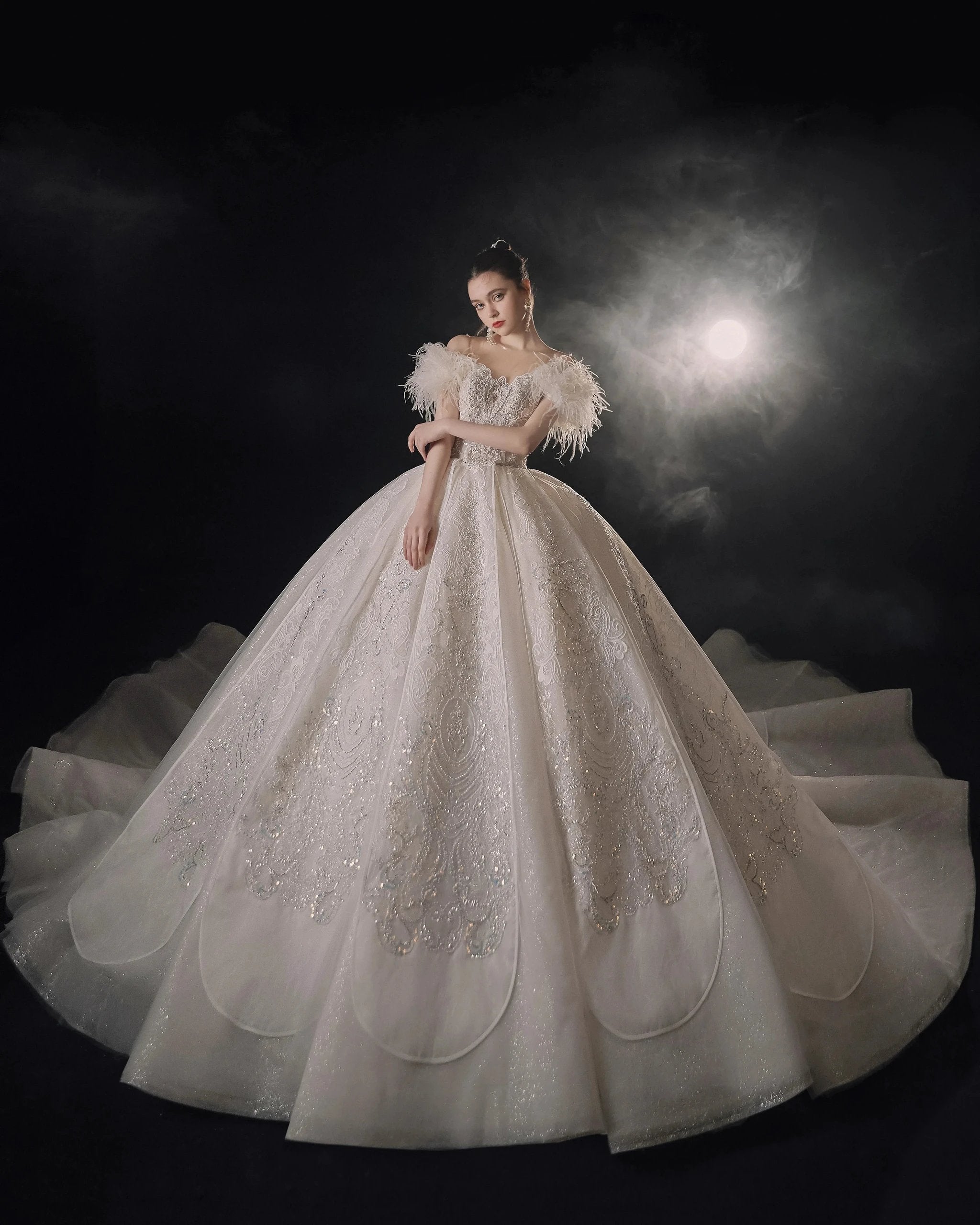 Luxurious Off-the-Shoulder Ball Gown Sweetheart Neckline Feather Trim Beaded Lace Wedding Dress with Glitter Train E-306 (ZD16884)