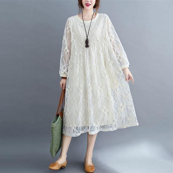 Oversized Women Casual Lace Dresses Style Solid Color Loose Comfortable Ladies Elegant Long Dress