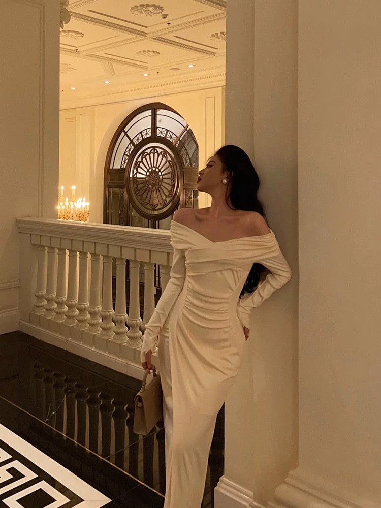 Sexy Sheath Off The Shoulder Long Sleeves White Slit Prom Dresses Birthday Outfits