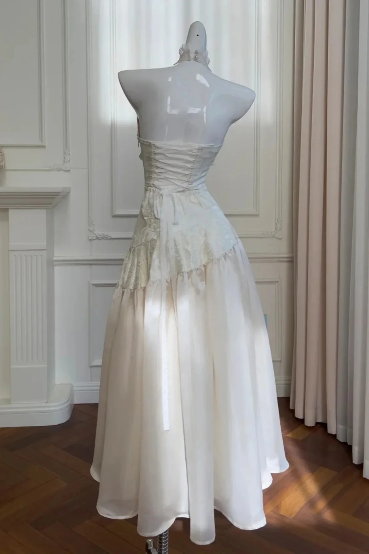 Ivory V-neckline Halter Long Prom Dress, Retro Lace Party Dress Formal Dress - View 2 | FashionDia