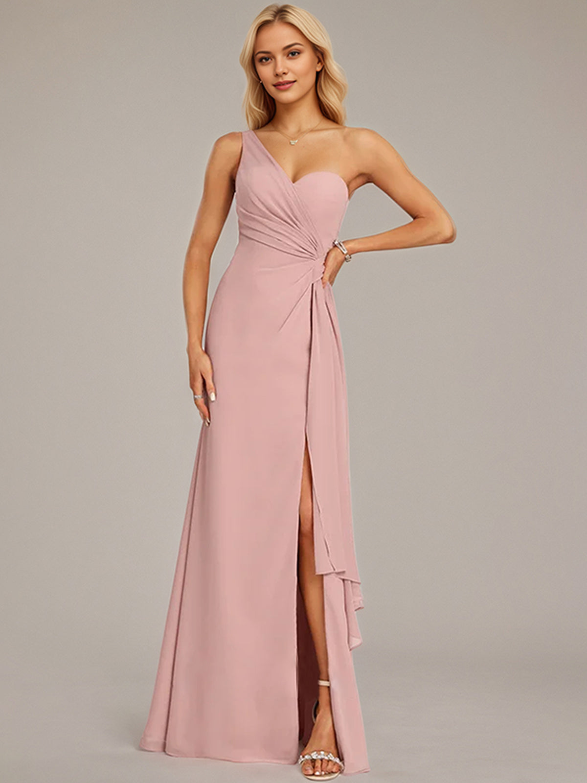 Dusty Rose A-Line One Shoulder Floor-Length Chiffon Bridesmaid Dress With Ruffle