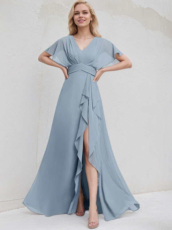 Dusty Blue Chiffon A Line V Neck Ruffle Sleeves Floor Length Bridesmaid Dress