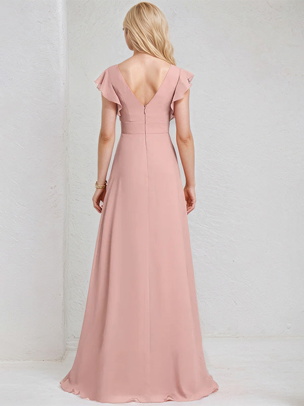 Dusty Rose Chiffon A Line V Neck Floor Length Bridesmaid Dress With Ruffles