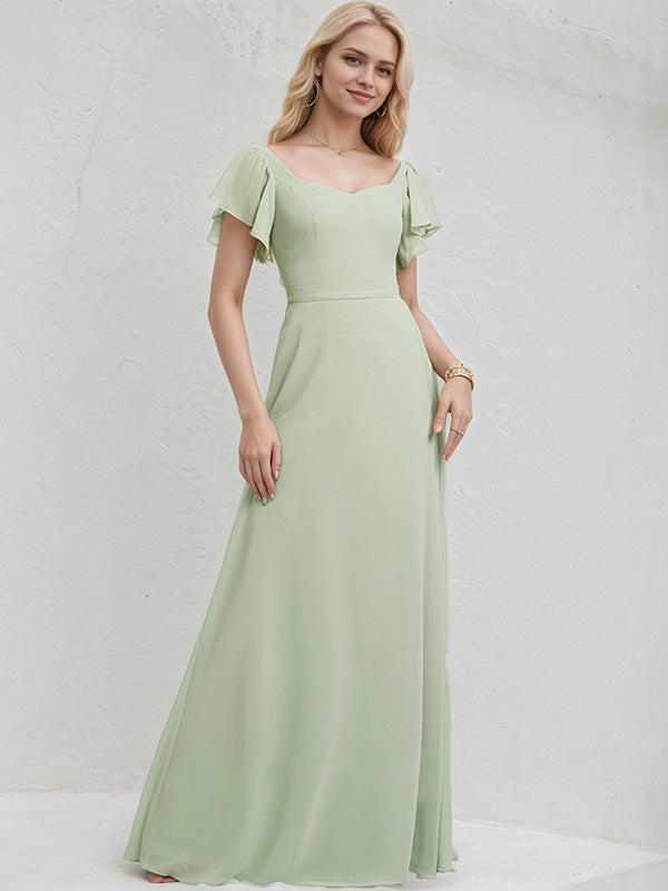 Celadon Chiffon A Line V Neck Short Sleeves Floor Length Bridesmaid Dress With Ruffle