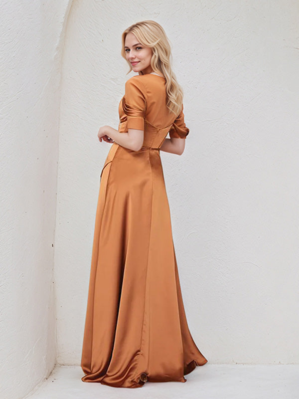 Bronze Satin A Line Spaghetti Straps Sleeveless Floor Length Bridesmaid Dress
