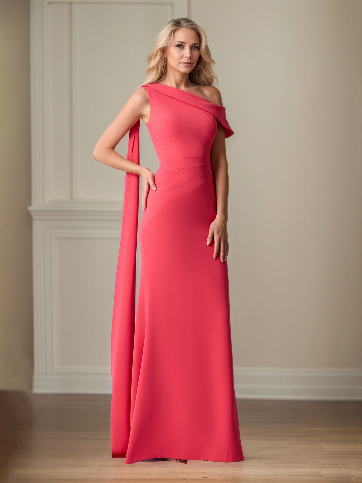 Coral Stretch Crepe Sheath/Column One Shoulder Floor Length Mother of the Bride Dresses