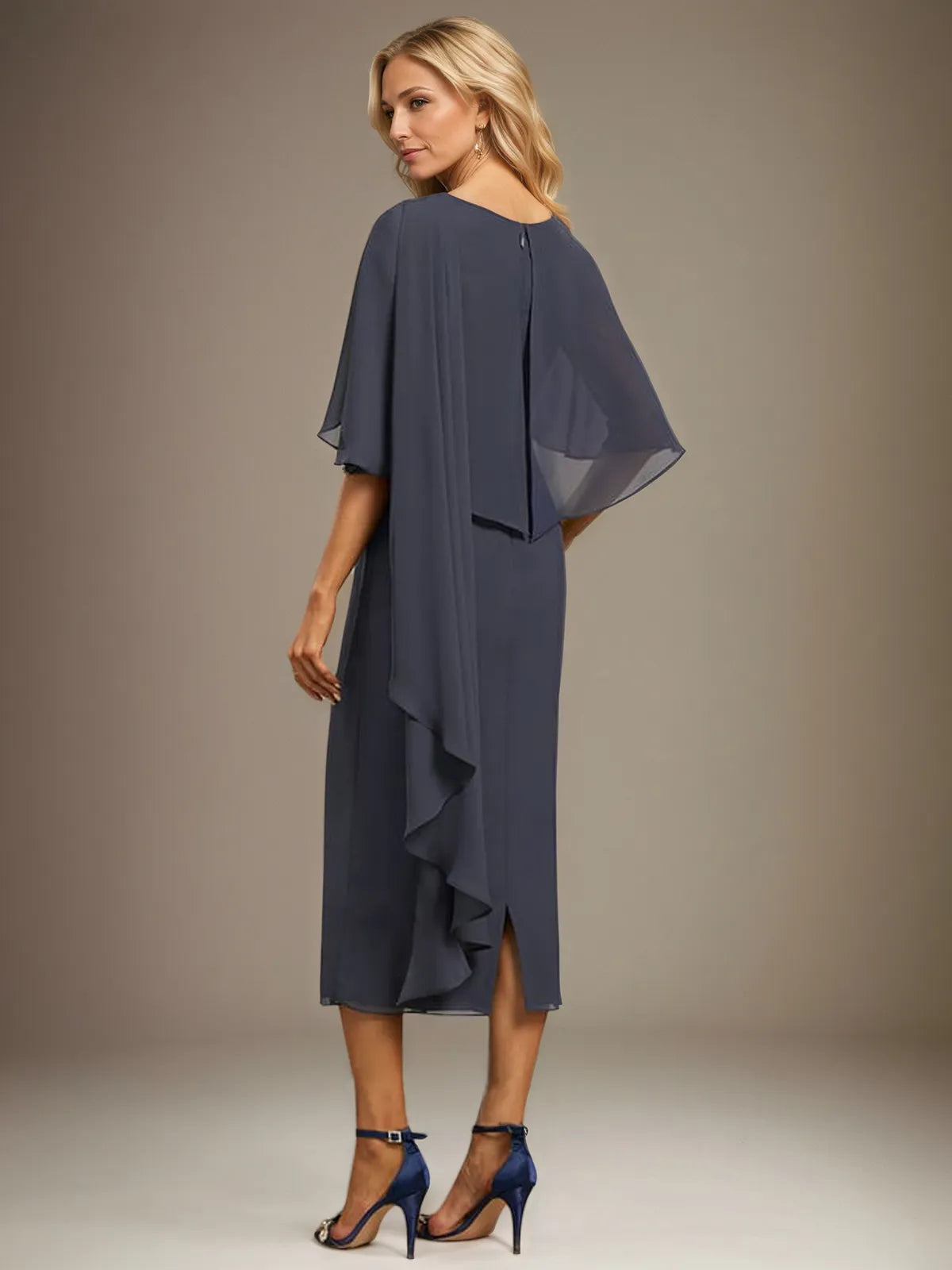Sheath/Column Scoop Tea Length Chiffon Dress With Pleated Beading