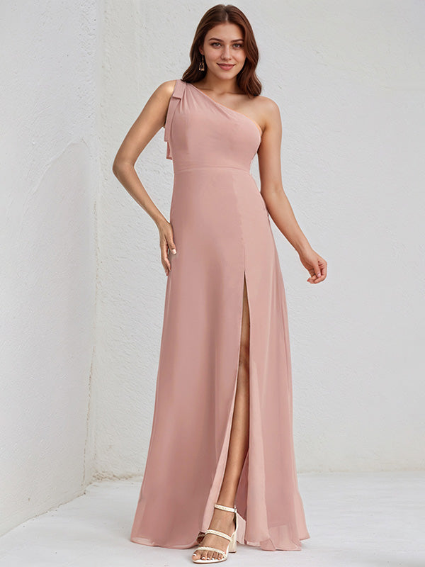 Dusty Rose Chiffon A Line One Shoulder Sleeveless Floor Length Bridesmaid Dress