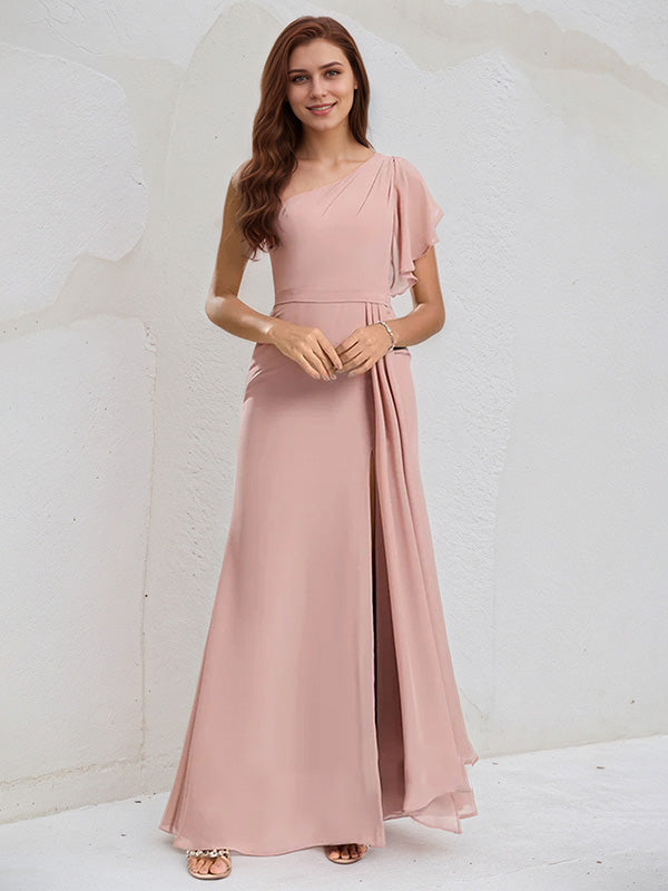 Dusty Rose Chiffon A Line One Shoulder Floor Length Bridesmaid Dress With Ruffle
