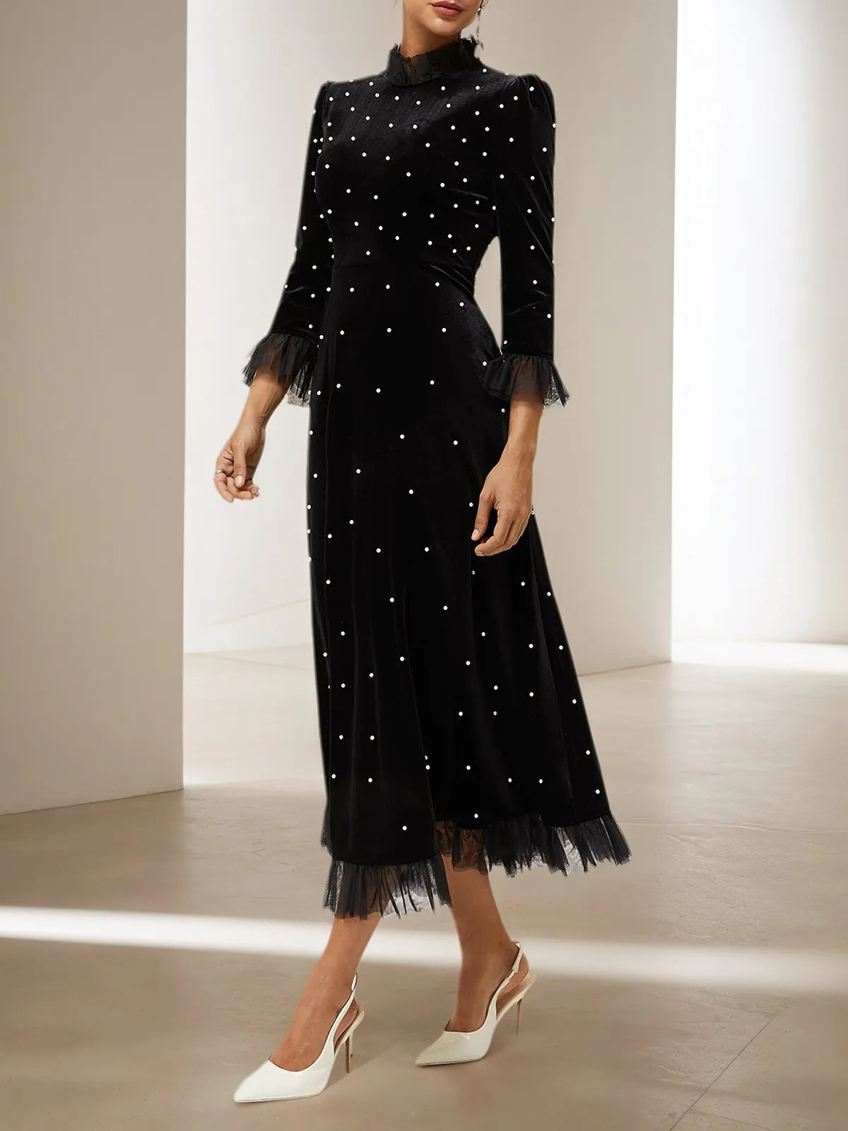 Black Beaded Mock Neck Three Quarter Sleeve A-Line Maxi Velvet Dress