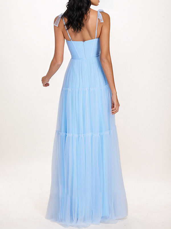 Sky Blue Tulle A Line Spaghetti Straps Floor Length Sleeveless Bridesmaid Dress With Bow