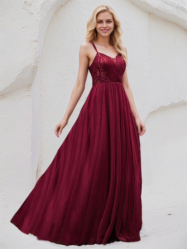 Burgundy Tulle A Line Spaghetti Straps Sleeveless Floor Length Bridesmaid Dress