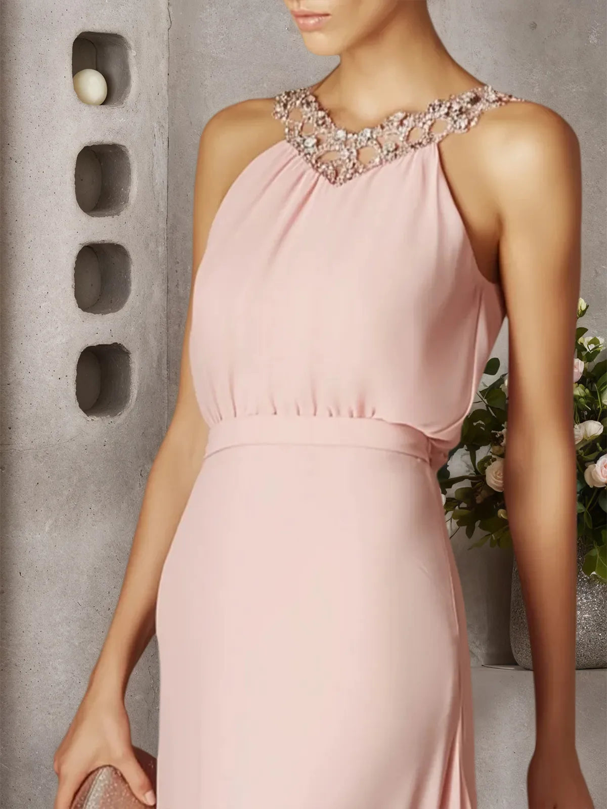 Pink Beaded Ruched Chiffon Halter Sleeveless A-Line Gown Dress - View 2 | FashionDia
