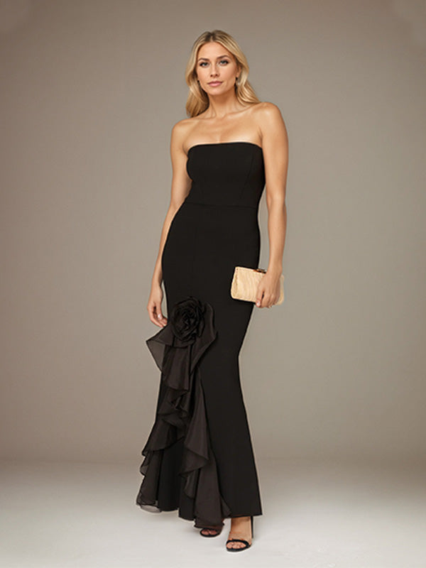 Black Stretch Crepe Off-the-Shoulder Sleeveless Ankle Length Dress With 3D Flower - View 3 | FashionDia