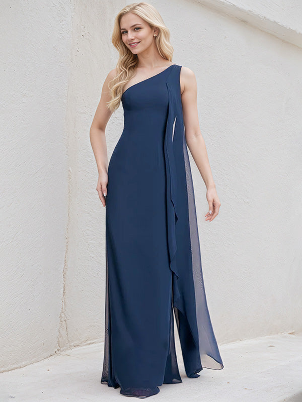 Navy Blue Chiffon A Line One Shoulder Floor Length Bridesmaid Dress