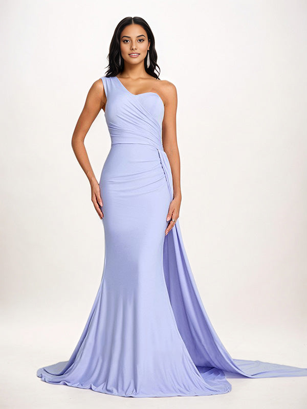 Lavender Sheath/Column One Shoulder Floor Length Sleeveless Chiffon Bridesmaid Dress