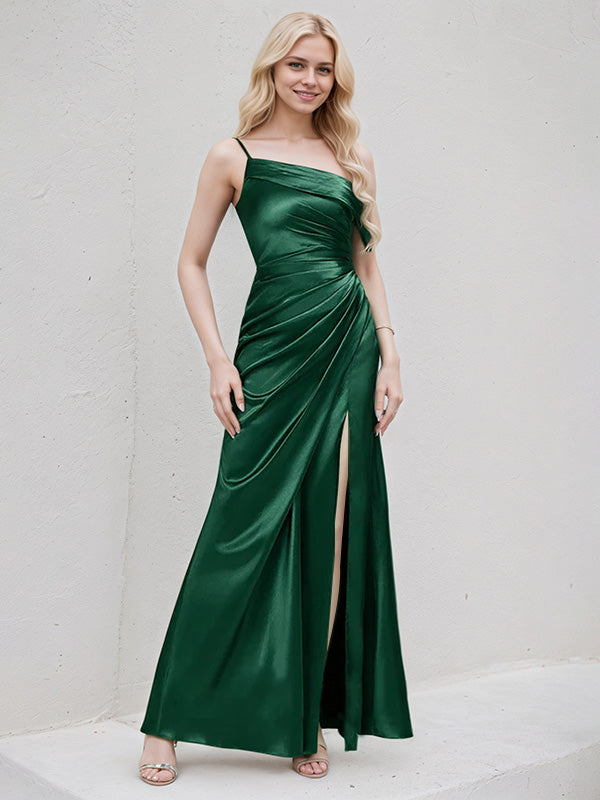 Dark Green Satin A Line One Shoulder Floor Length Bridesmaid Dress