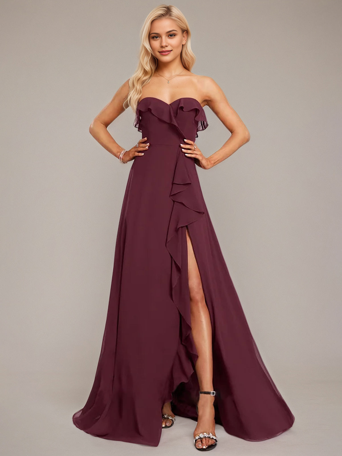 Grape A-Line Sweetheart Floor-Length Chiffon Bridesmaid Dress With Ruffle