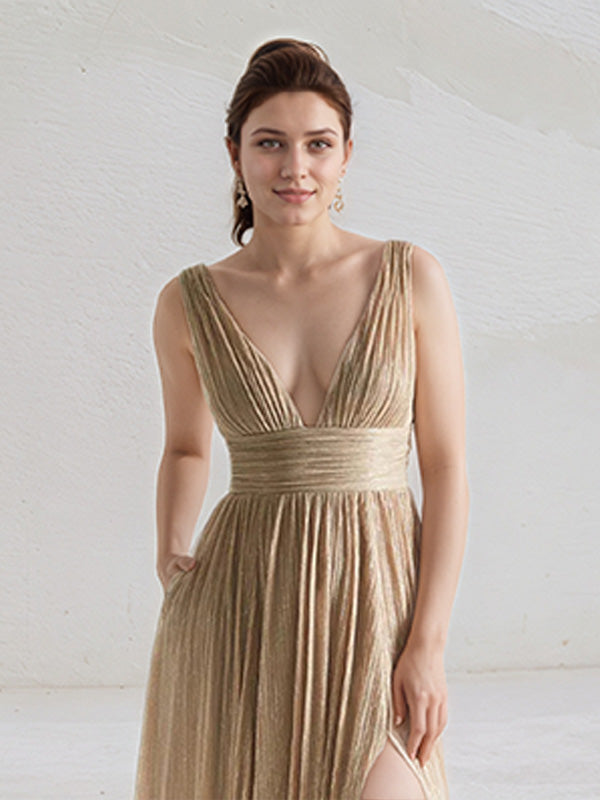 Gold A Line V Neck Sleeveless Floor Length Bridesmaid Dress