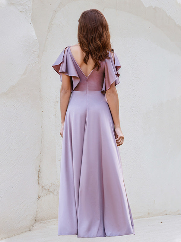 Lilac Satin A Line V Neck Ruffle Short Sleeve Floor Length Bridesmaid Dress