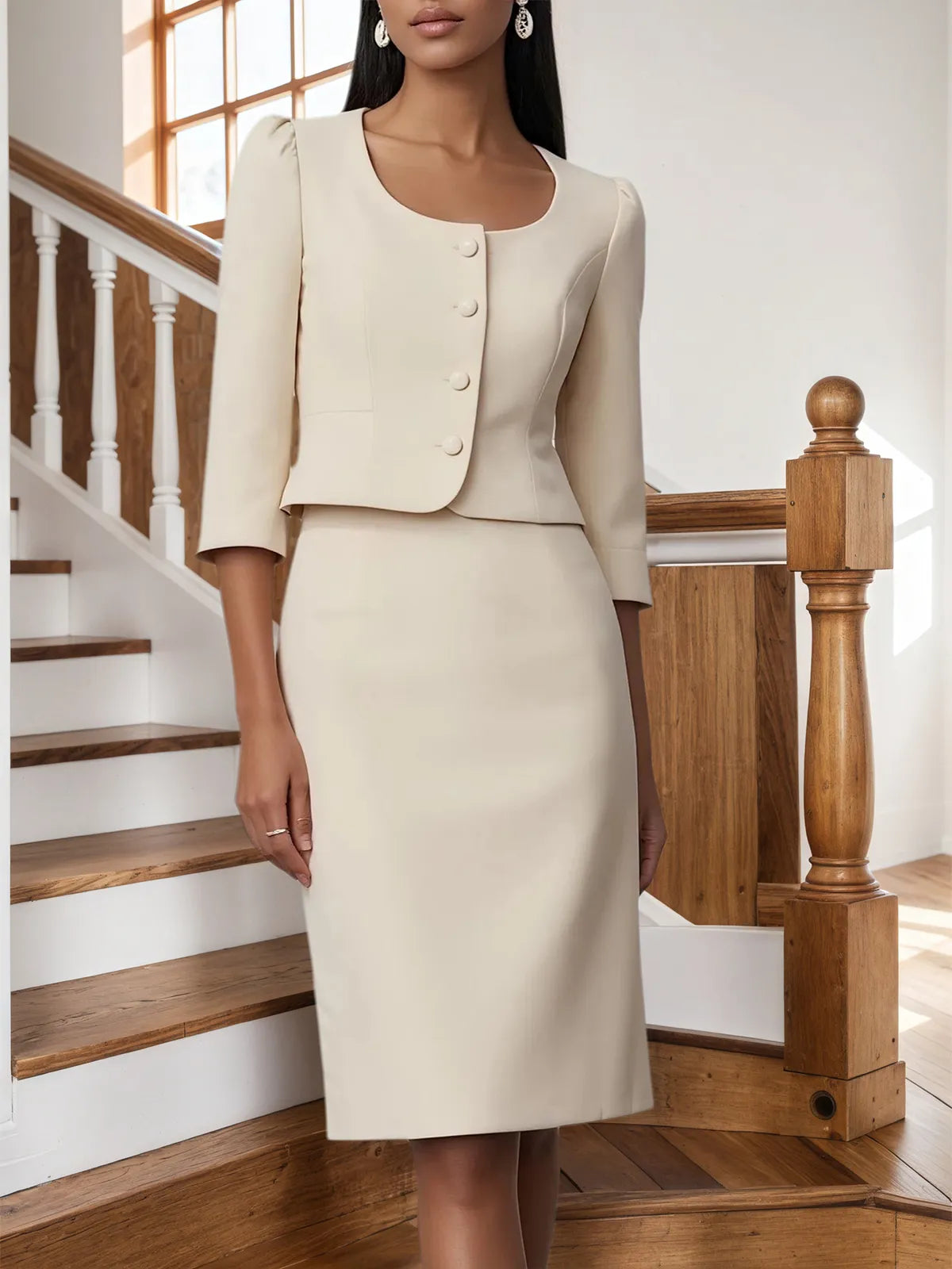 Women Beige Buckle U-Neck Half Sleeve Dressy Coat With Skirt Two-Piece Set - View 2 | FashionDia