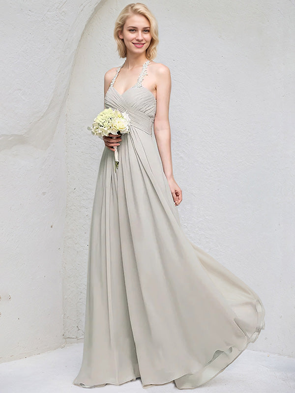 A-Line Sweetheart Floor-Length Chiffon Lace Bridesmaid Dress With Ruffle