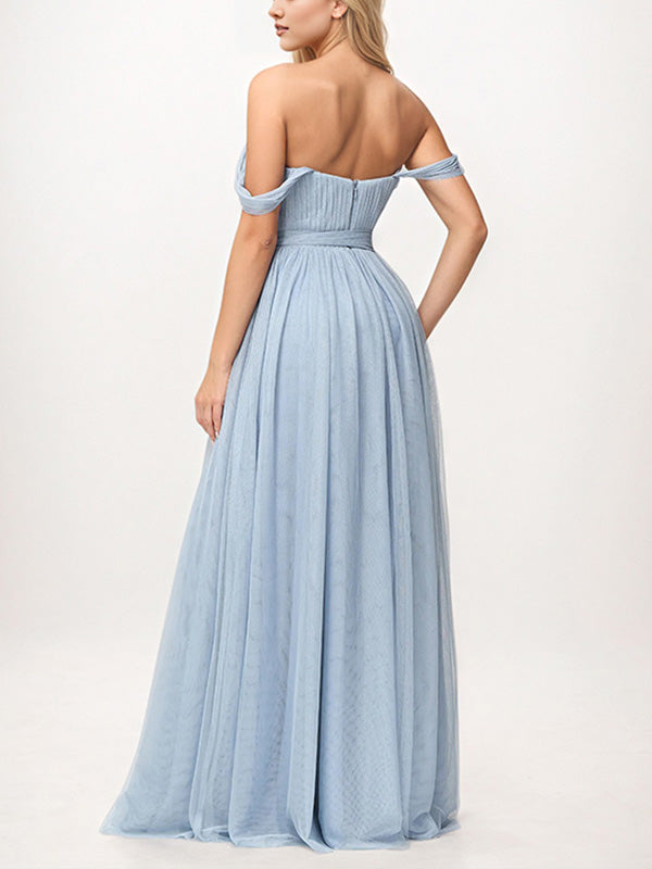 Dusty Blue A Line Tulle Off The Shoulder Sleeveless Floor-Length Bridesmaid Dresses