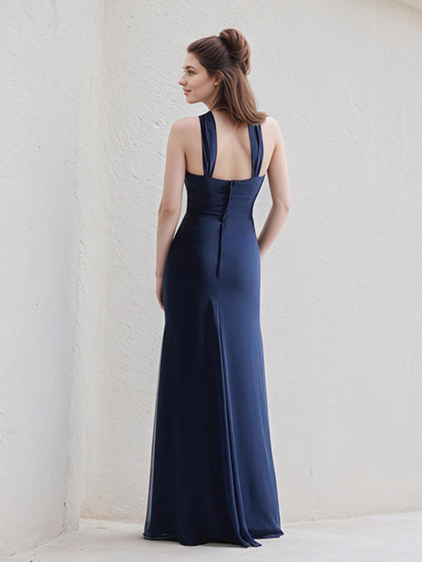 Navy Stretch Crepe A Line Twist Knot Neckline Sleeveless Floor Length Bridesmaid Dress