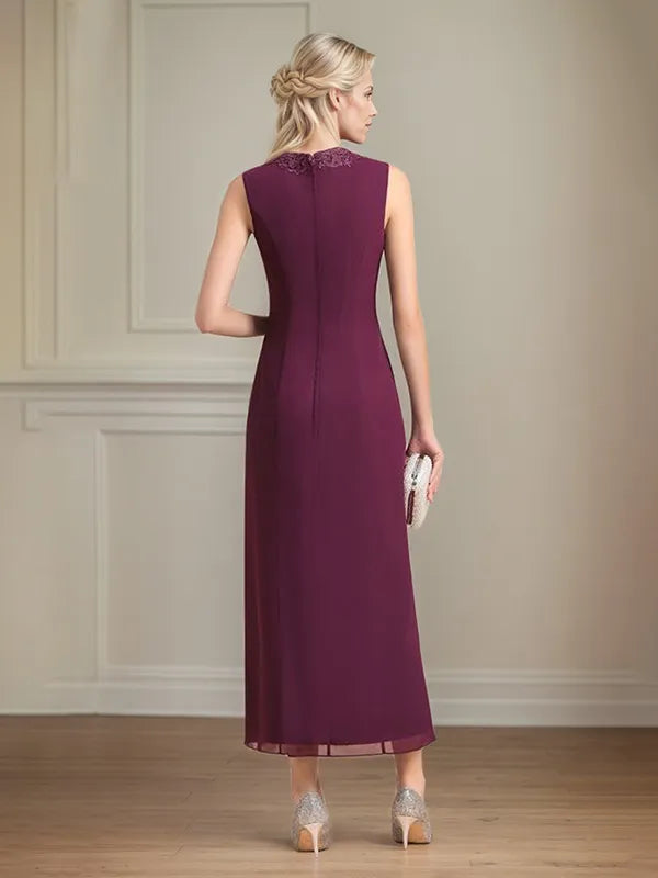 Sheath/Column Chiffon V Neck 3/4 Sleeves Tea Length Mother Of The Bride Dress