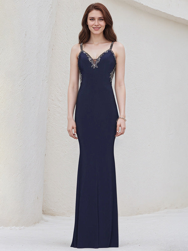 Navy Chiffon Spaghetti Straps Sleeveless Floor Length Bridesmaid Dress With Beadings