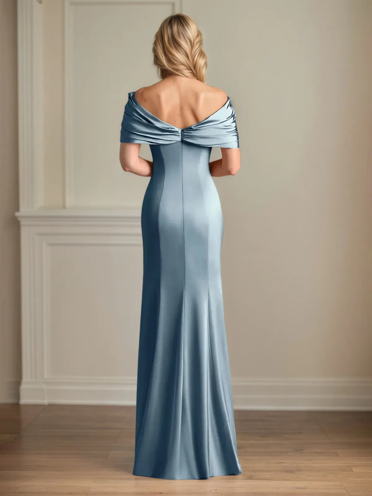 Trumpet/Mermaid V-Neck Cold Shoulder Sleeve Floor-Length Satin Dress With Pleated