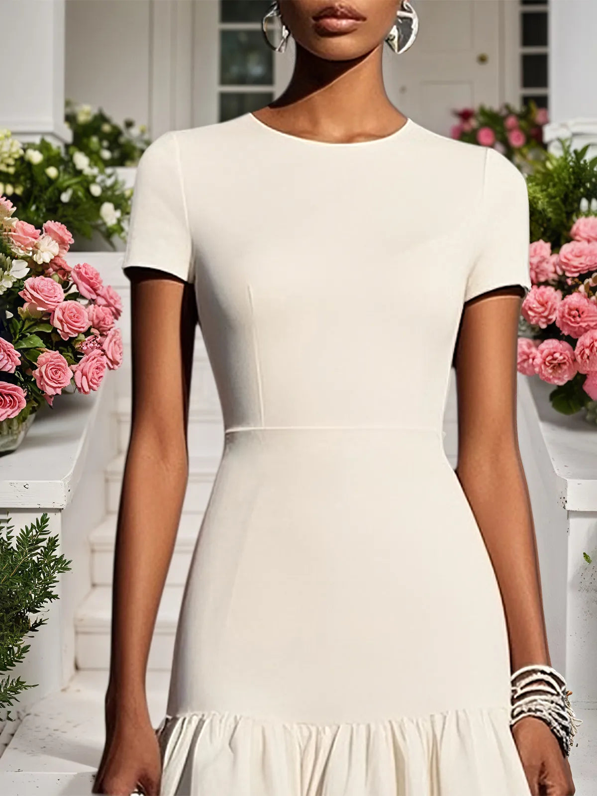 White Knit Crew Neck Short Sleeve Mermaid Midi Dress