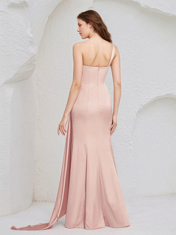 Dusty Rose Satin Sheath/Column One Shoulder Floor Length Sleeveless Bridesmaid Dress