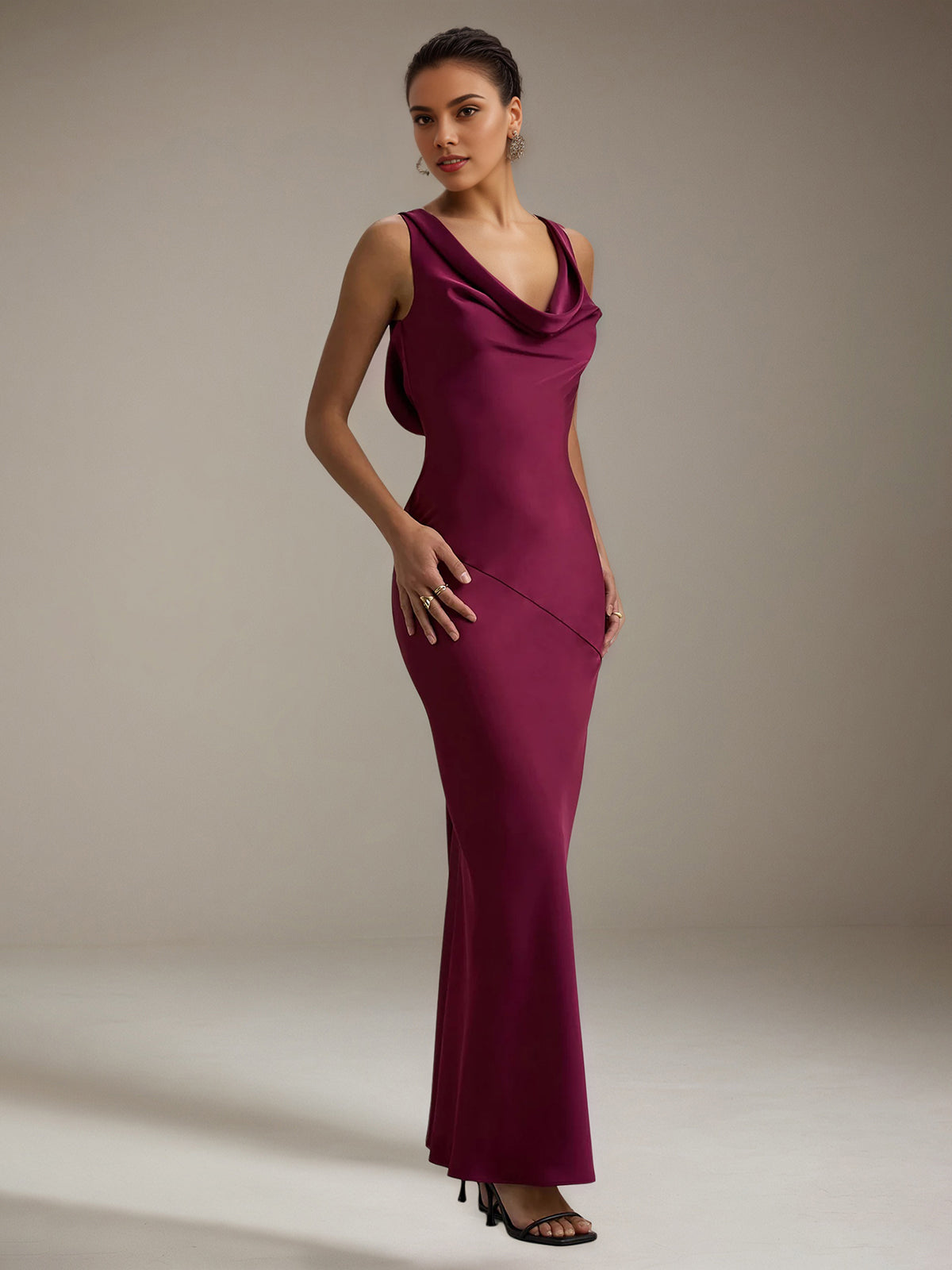 Burgundy Satin Sheath/Column Cowl Neck Sleeveless Floor Length Dress