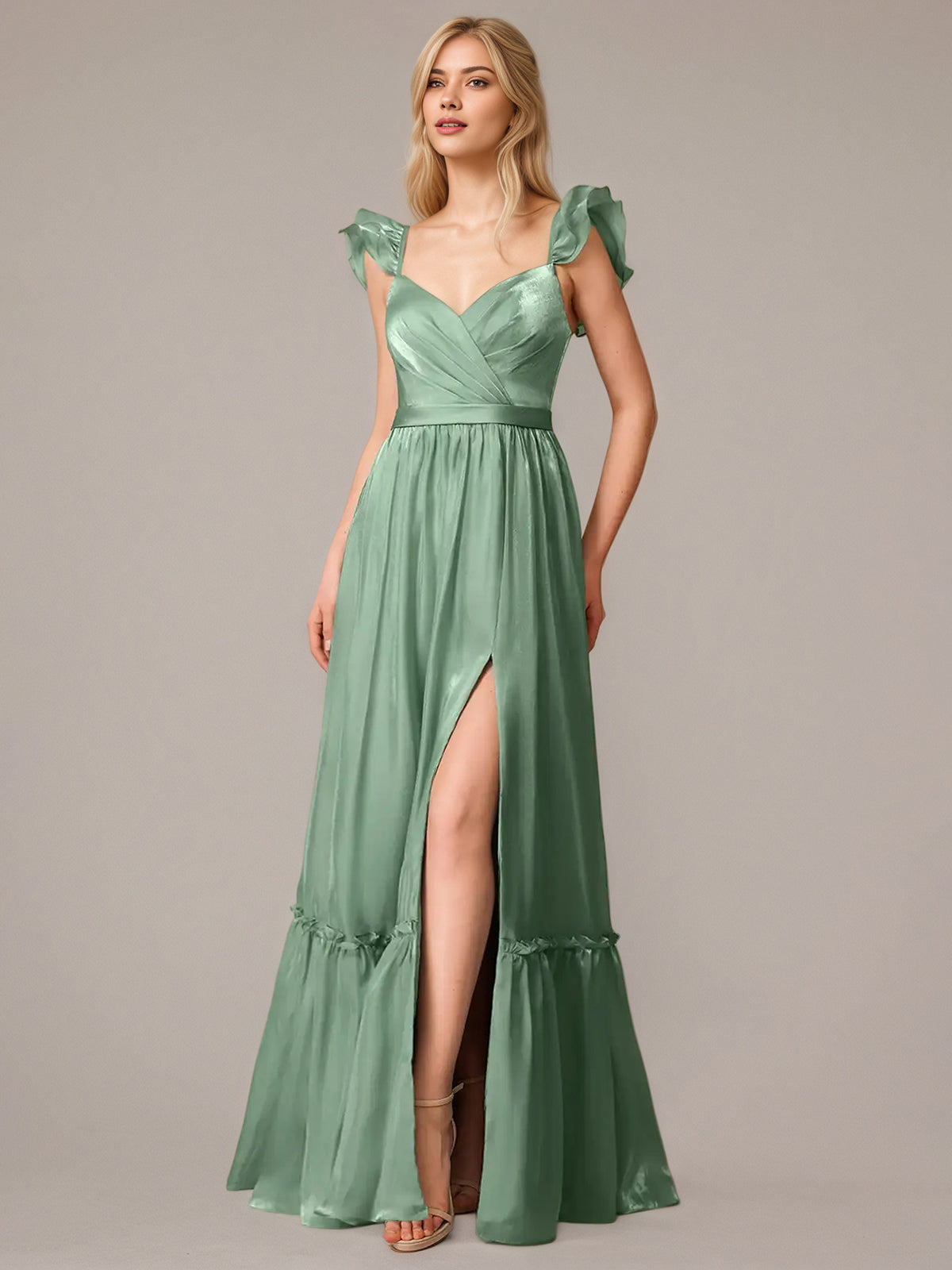 Green A Line V Neck Sleeveless Floor Length Dresses With Ruffles