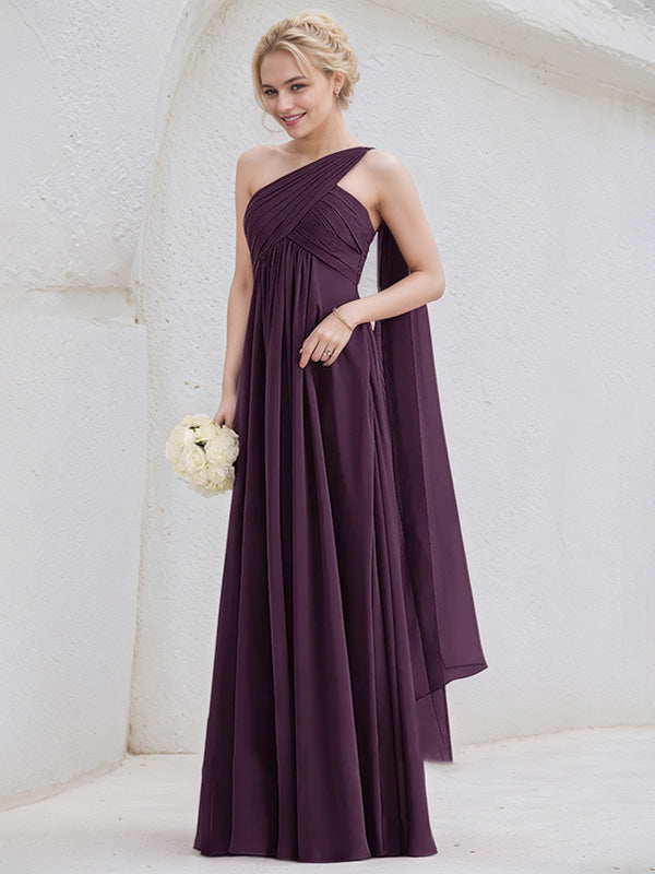 Grape A-Line One Shoulder Floor-Length Chiffon Bridesmaid Dress With Ruffle