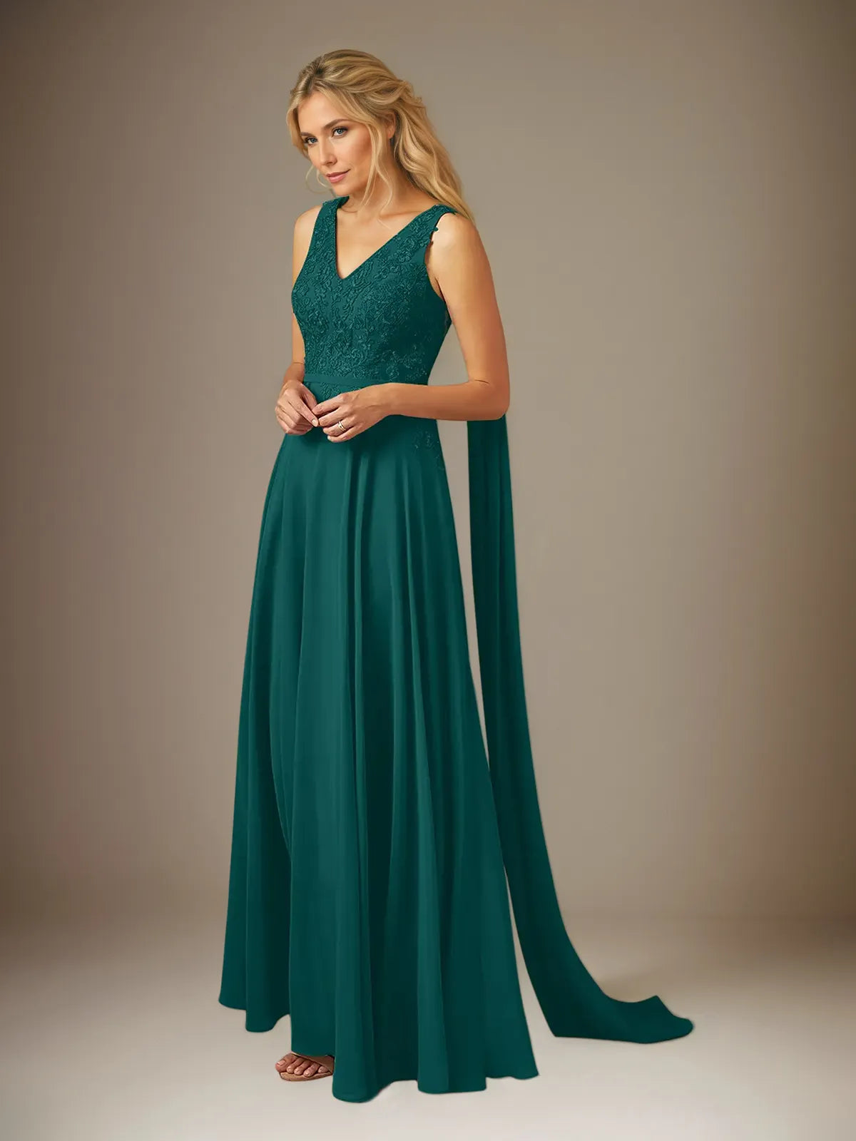 A Line Chiffon V Neck Sleeveless Floor Length Pleated Mother of the Bride Dresses With Appliques