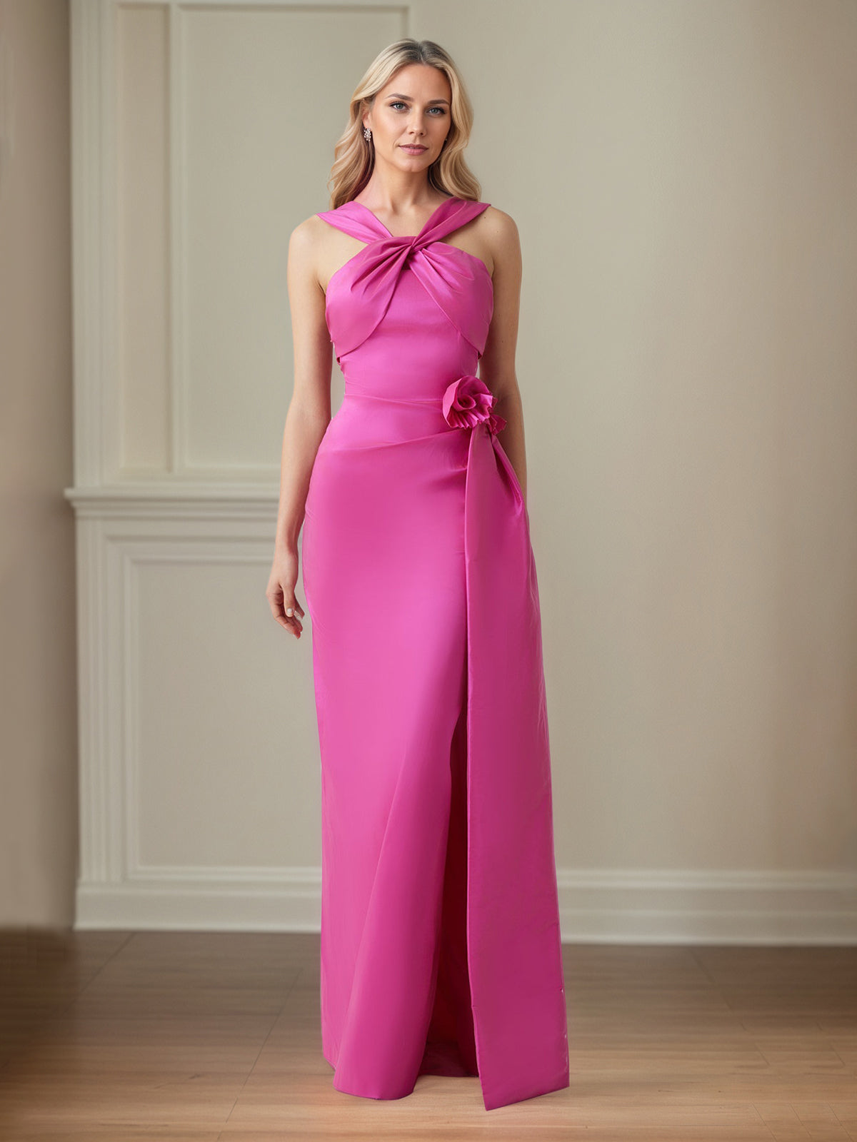 Deep Pink Satin Sheath/Column Cross Halter Floor Length Mother of the Bride Dresses