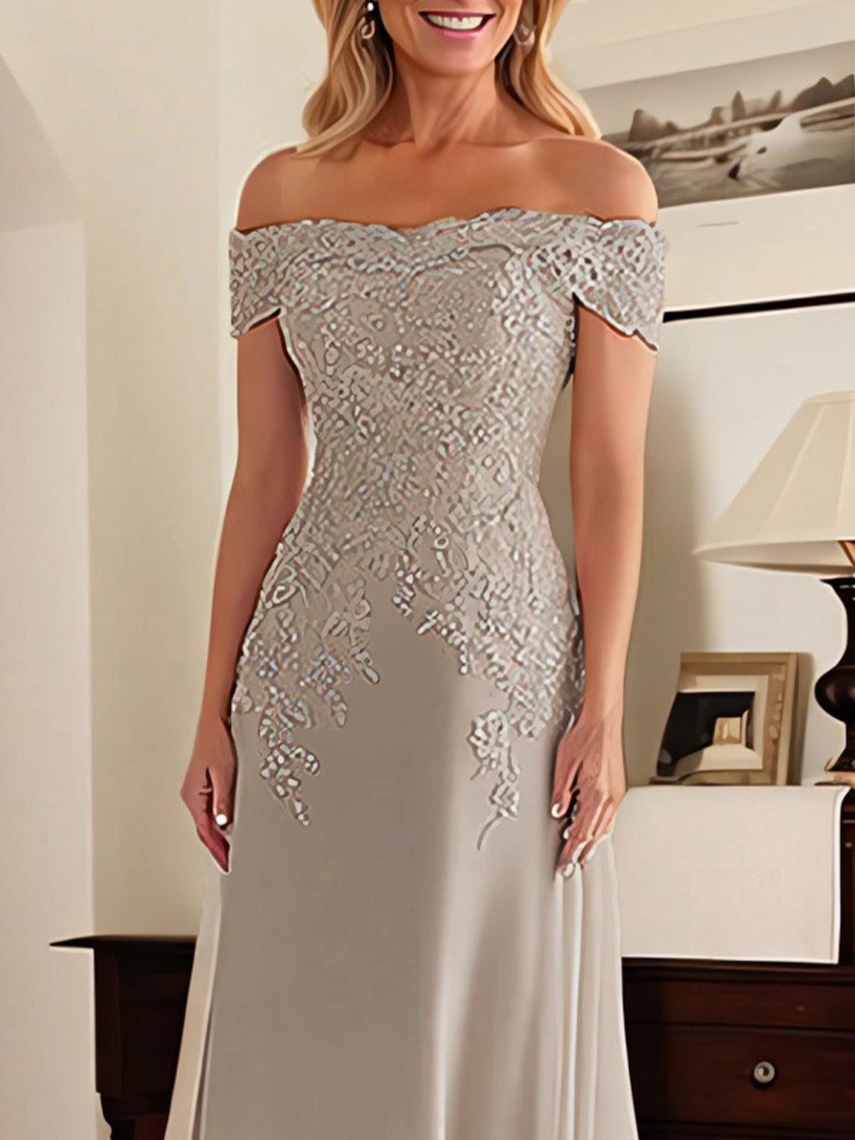 Elegant Taupe Off The Shoulder Sheath Mother of the Bride Dress with Lace