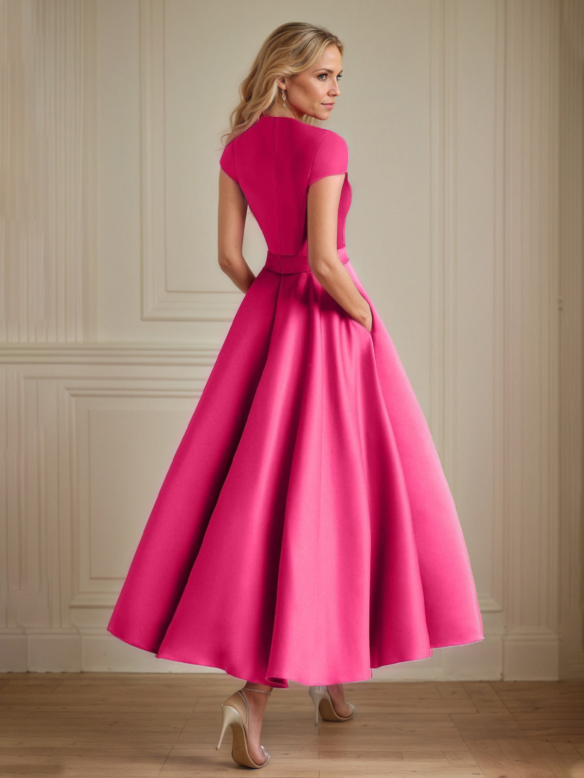Hot Pink Satin A-Line V-Neck Short Sleeves Ankle Length Mother of the Bride Dresses - View 2 | FashionDia