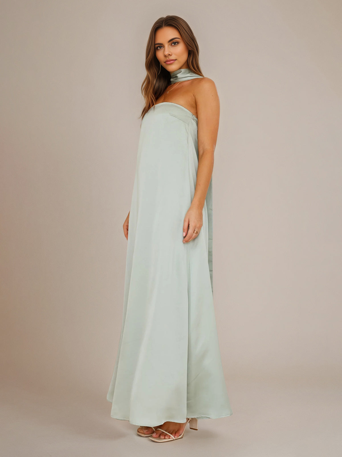 Sage Satin A Line Halter Neck Sleeveless Floor Length Bridesmaid Dresses