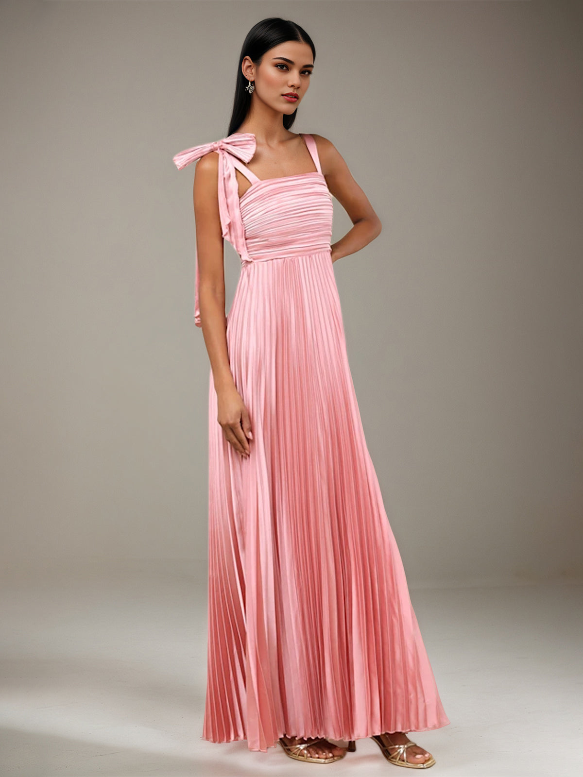Pink Satin A Line Square Neck Sleeveless Floor Length Bridesmaid Dress With Bow