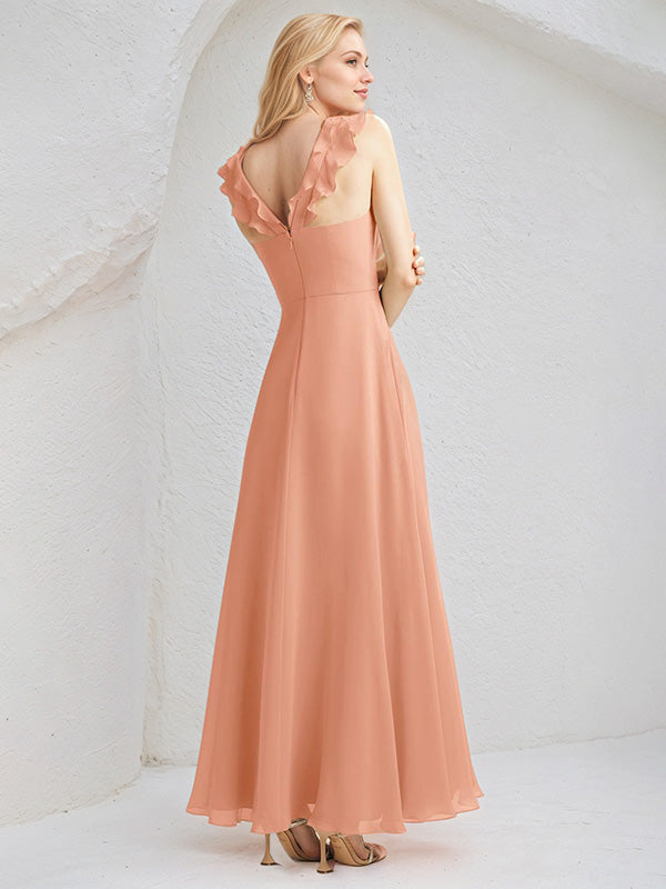 Peach Pink Chiffon A Line V Neck Sleeveless Floor Length Bridesmaid Dress With Ruffle