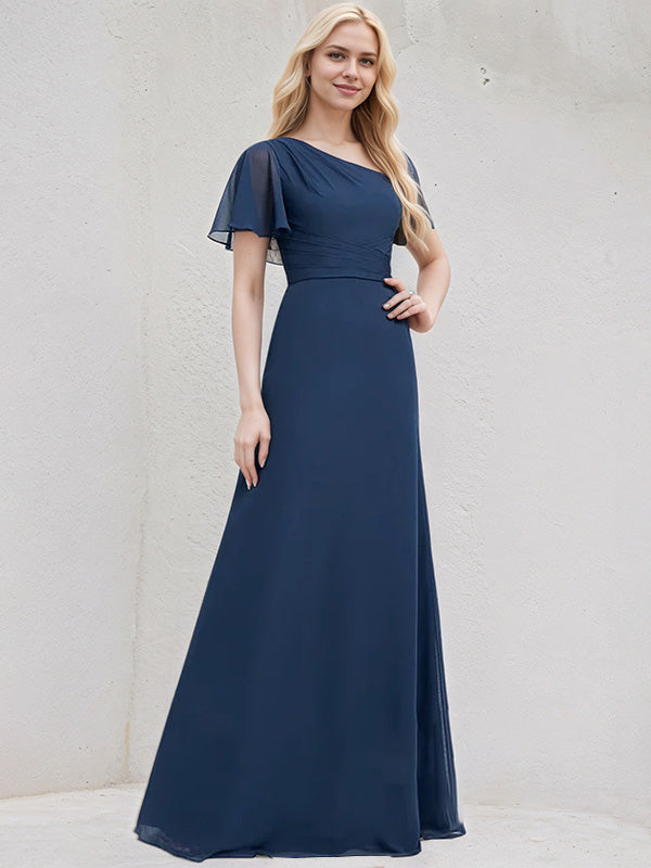 Navy Blue Chiffon A Line One Shoulder Short Sleeves Floor Length Bridesmaid Dress