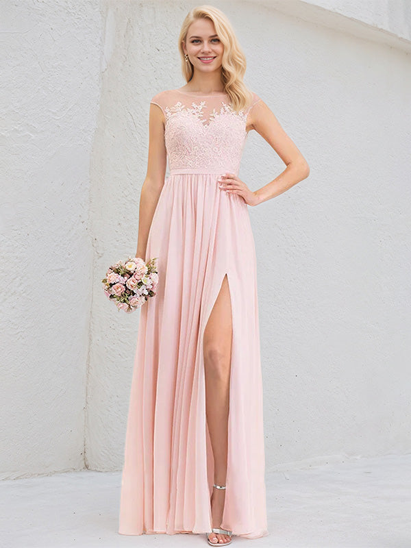 Blushing Pink A-Line Scoop Floor-Length Lace Chiffon Bridesmaid Dress