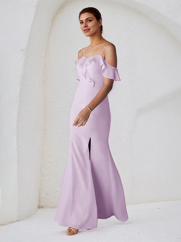 Lilac Chiffon Sheath/Column Spaghetti Straps Sleeveless Floor Length Bridesmaid Dress With Ruffle
