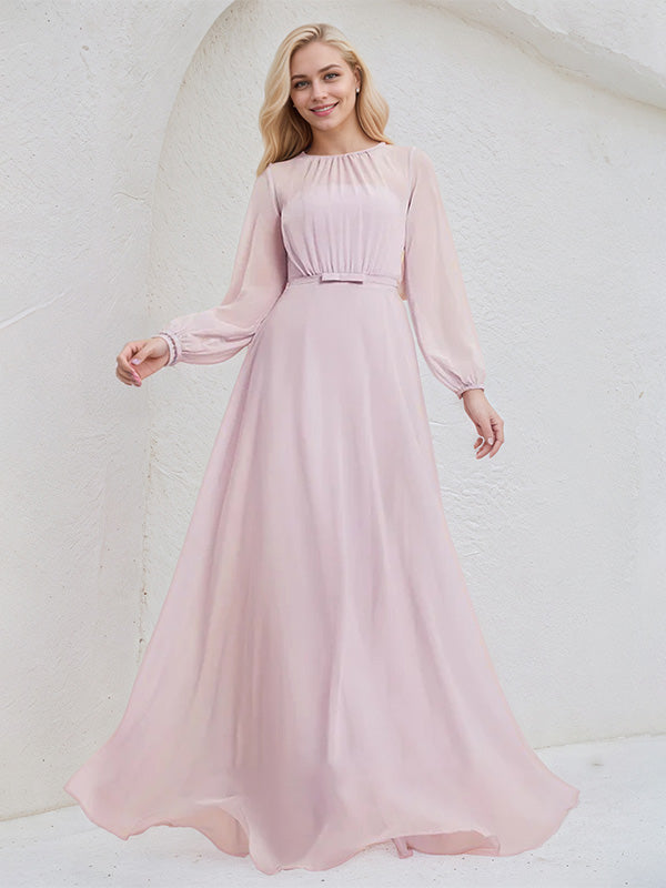 Candy Pink A Line Round Neck Long Sleeves Floor Length Chiffon Bridesmaid Dress